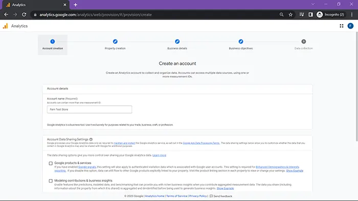 GA4 setup new account screenshot