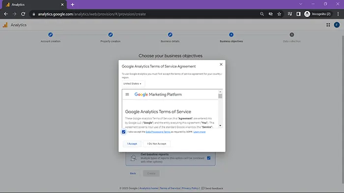 GA4 setup accept terms screenshot