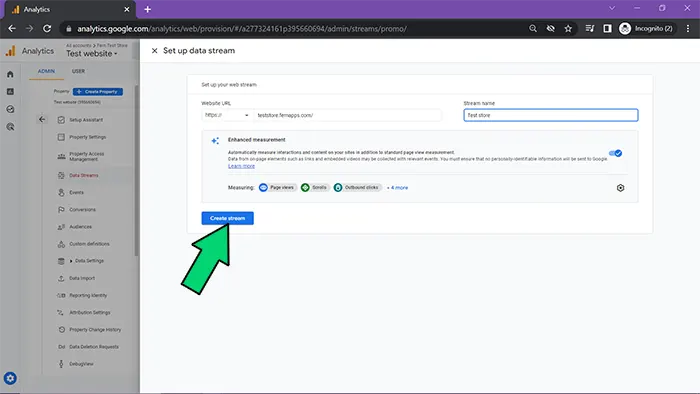 GA4 setup create data stream screenshot