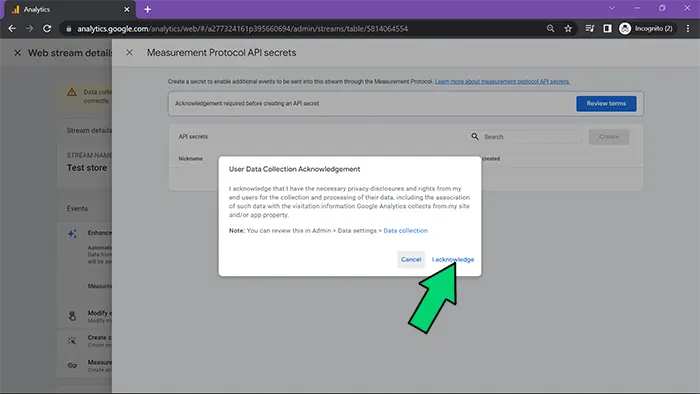GA4 setup data acknowledgement screenshot