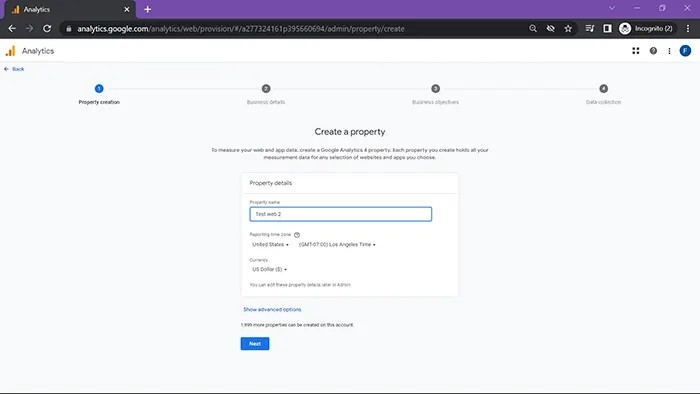 GA4 setup new property screenshot