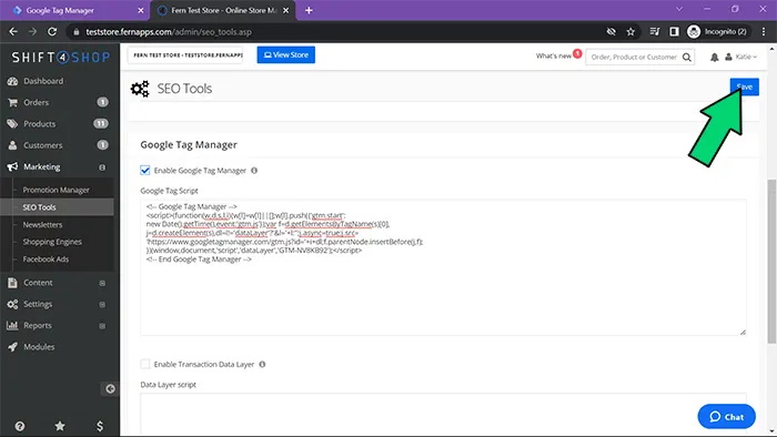 GTM setup connect to Shift4Shop add snippet screenshot