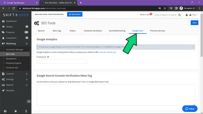 GTM setup connect to Shift4Shop Google tools screenshot