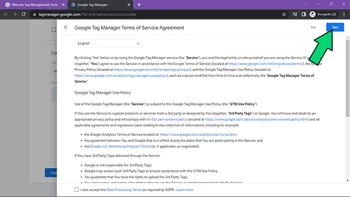 GTM setup accept terms screenshot