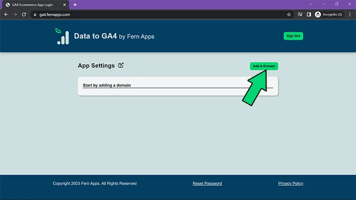 Onboard Data to GA4 add domain screenshot