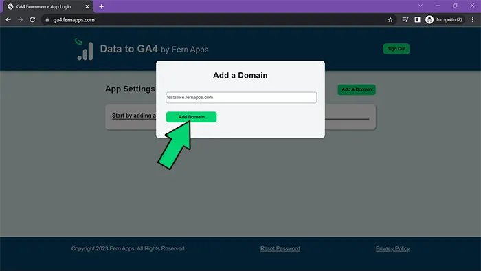 Onboard Data to GA4 add domain modal screenshot