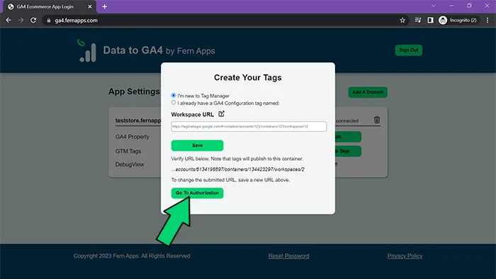 Onboard Data to GA4 authorize tags screenshot