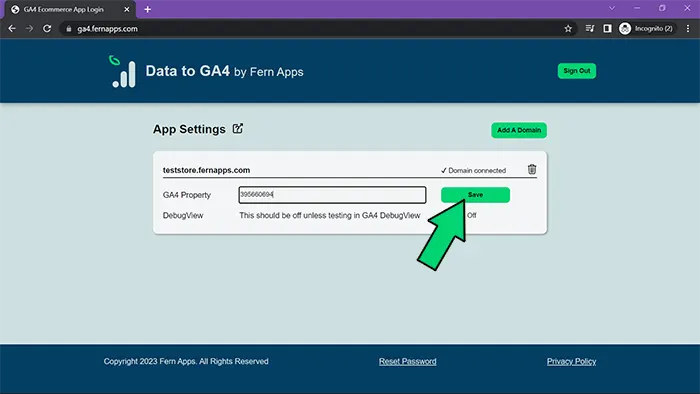 Onboard Data to GA4 save property ID screenshot